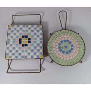 Vtg Mosaic Tile Trivet Lot Square Round MCM Kitchen Hot Plate Retro Decor